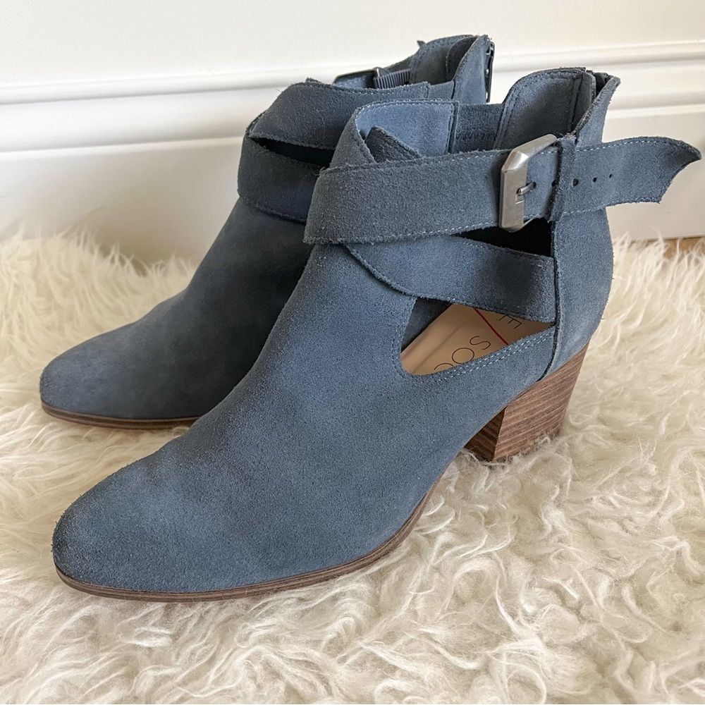Sole Society Azure Blue Suede Ankle Bootie With Buckle Strap | Size 7